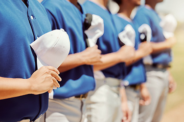 Image showing Sports, baseball and team singing anthem at start of game, athlete competition or baseball field tournament. Country solidarity, fitness training pitch or exercise workout for healthy softball player