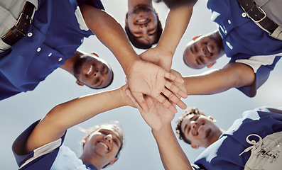 Image showing Team, baseball and hands in stack, game and sports with motivation, teamwork and together. Circle, softball and hand for success, fitness and strategy with happy, group and goal outdoor before game