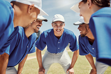 Image showing Baseball team, men or game strategy planning on grass pitch, sports field or team building in fitness, training or workout match. Smile, happy or baseball player people in motivation softball huddle
