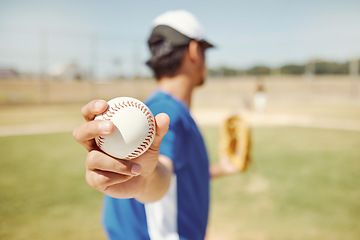Image showing Baseball player, ball and man hands in fitness game, workout match or training competition sports field. Zoom, softball player and pitcher athlete ready to throw for goals in stadium summer exercise