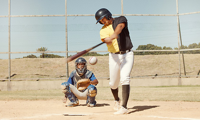 Image showing Sports man, field and baseball player strike ball in game competition, practice or bat training workout. Softball pitch, health performance and athlete working on match fitness or power exercise