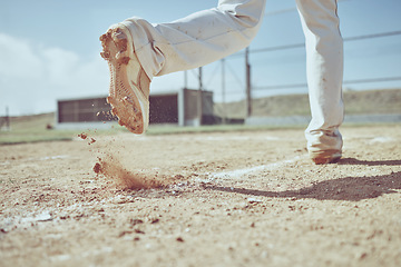 Image showing Speed, running and shoes of baseball player on field training for sports, health and fitness game. Workout, exercise and dirt with athlete in sport competition for winning, homerun or achievement
