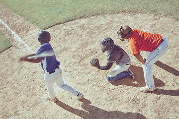 Image showing Baseball, pitch and sports game bat at training, exercise and workout on an outdoor field. Fitness and cardio of athlete teamwork and baseball player exercising with sport collaboration together