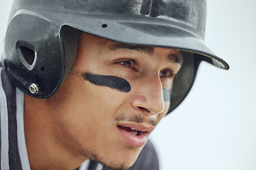 Image showing Face, sweating or tired baseball player in fitness, workout or training on grass field, pitch or Mexico sports stadium. Zoom, man or softball player thinking of exercise game or match while exhausted
