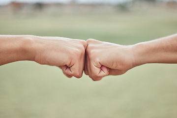 Image showing Fist bump, hands and people together to show support, solidarity and achievement success outdoor. Friends hand gesture show community friendship, excited victory or goal collaboration in nature