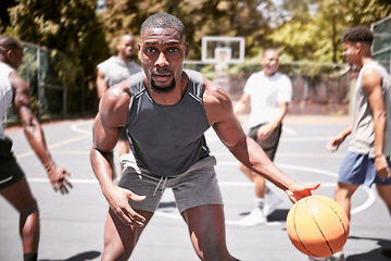 Image showing Basketball player, team sports and motivation, focus and power for competition, game or training with community friends. Portrait of black man, group of people and neighborhood club basketball court