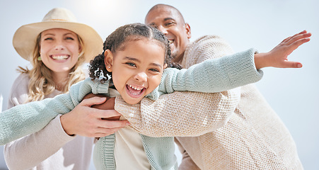 Image showing Diversity, happy family love and travel play fun happiness bonding together in park on freedom vacation. Caring couple, adventure spend time and smiling child laughing playing in nature summer sun