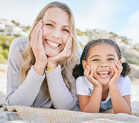 Image showing Happy, mother and child on beach for relax, summer vacation and family bonding at the beach outdoors. Portrait of mama and kid with smile in happiness for break, adoption and free time on sandy shore