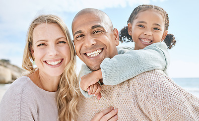 Image showing Happy portrait, family love and beach holiday together on a fun summer ocean travel adventure in Costa Rica. Dad smile, mother and girl child hug father nature bonding in sunshine by sea for vacation