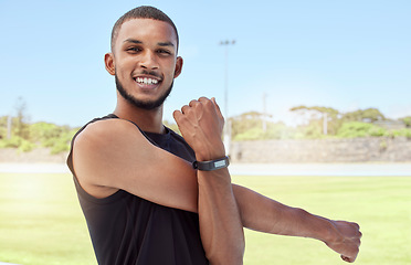 Image showing Fitness, athlete stretching and black man happy about exercise, runner workout and sports. Portrait of sport runner stretching with a smile for training, running and strong health cardio outdoor