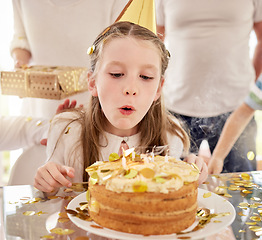 Image showing Birthday, kid and cake candles celebration of a girl from Germany at a party in home. Celebrate, happy and candle blowing of child with happiness, food and people or family at a kids event in a house