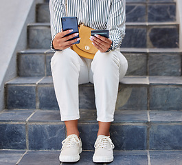 Image showing Credit card, online shopping and city woman, phone payment, fintech and ecommerce on outdoor urban steps. Customer hands easy smartphone money transfer, banking mobile app and internet cash finance