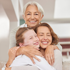 Image showing Grandmother, mother and girl with hug, bonding and embrace being loving, smile and happy together at home. Love, grandma and mama with daughter have fun, happiness and spend weekend to connect