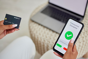 Image showing Phone, credit card and transaction with the hands of a woman using mobile technology to make a payment. Fintech, finance and banking with a female customer paying for a purchase at home from above