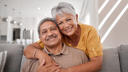 Image showing Portrait of elderly love, grandparents smile on sofa and old couple relax at home in happy retirement. Senior man, grandmother on couch and smile in living room getting hug from retired wife on couch