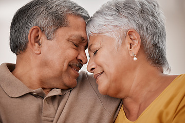 Image showing Senior couple, love and hug, retirement together and bonding with affection in closed eyes closeup. Elderly, man and woman face, care and connection, marriage and strong relationship in old age.