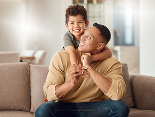 Image showing Father, child and sofa with smile, back and together for portrait, happy and home in living room. Family, dad and boy on couch for bonding, playing and happiness in lounge for time, love and relax