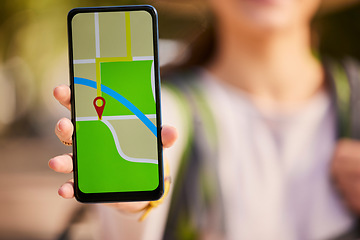 Image showing Woman hand, phone screen or gps transport app, travel or delivery for direction of road, streets and city. Hands with 5g mobile smartphone map application or software service for web location route