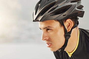 Image showing Fitness, man and head of cycling helmet for sports motivation in exercise, workout and training on mockup background. Closeup of tired male sweating from intense cycle tour in healthy cardio sport