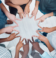 Image showing Teamwork, peace hand sign together and corporate support of a worker team showing community. Business collaboration, solidarity and company trust gesture of staff workforce diversity ready to work