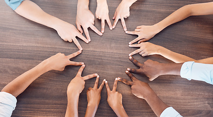 Image showing Team, diversity and peace hand sign, team building and community in business and corporate support with solidarity. Group collaboration, business people and trust, company show teamwork in workforce.