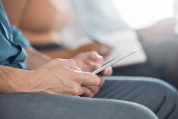 Image showing Phone, technology and man hands of office worker with a mobile for a social media scroll or app text. 5g internet, web and businessman employee working on an online job typing a job email