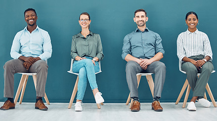 Image showing Business people, chairs and row waiting for interview, meeting or opportunity sitting together at the office. Happy diverse group in wait room for line, hiring or recruitment process at the workplace