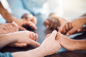 Image showing Mental health support, holding hands and group counseling, therapy meeting and psychology help, trust and worship. Men, women and diversity people prayer circle, community hope and social solidarity