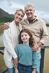 Image showing Family, grandparents and child being happy, bonding and vacation with smile, holiday or together outdoor. Portrait, grandfather and grandmother with girl to relax, embrace and on road trip for travel