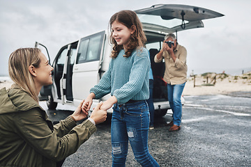 Image showing Road trip, travel and family photography for holiday memory of mother and child bonding together with suv van transportation. Happy woman mom, kid and senior taking picture on camera on journey break
