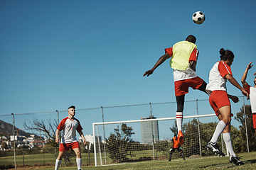 Image showing Soccer, sports and training with a team on a field or grass pitch for a workout or exercise together. Football, fitness and teamwork with a soccer player group playing a game or match outdoor