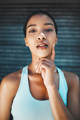 Image showing Black woman, beauty make up and fitness healthcare or wellness motivation. Portrait of young African beautiful female, confident face and health athlete active lifestyle against background in city