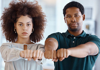 Image showing Black man, woman and show fist to support, solidarity with Ukraine protest and climate change being serious. African American, stand together and black people for Iran women, collaboration and symbol