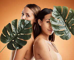 Image showing Diversity, beauty and skincare women friends with a plant leaf. Portrait of young cosmetic models with organic detox treatment, healthy and skin wellness against an orange mockup space background