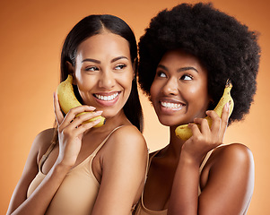 Image showing Model, women and smile with banana for phone for beauty, wellness and comic time against studio backdrop. Black woman, fruit and funny together for health, skincare and happy with playing phone call