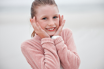 Image showing Happy, youth child and portrait of girl on outdoor adventure, travel or holiday vacation in Toronto Canada. Happiness, smile and young kid on journey for freedom, peace and calm trip in nature