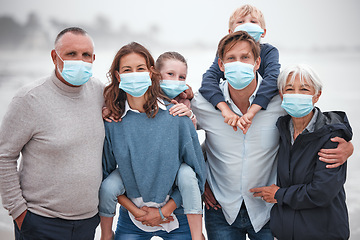 Image showing Big family, covid and portrait with mask on holiday, vacation or trip outdoors. Health, safety and parents, grandparents and children relax, bonding and travel with face mask during covid 19 pandemic