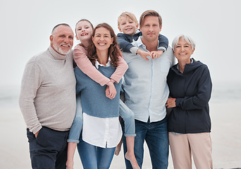 Image showing Happy, smile and family with little kids, parents and grandparents together on beach. Happiness with children. bonding with mother, father, grandmother and grandfather outdoor on vacation or holiday