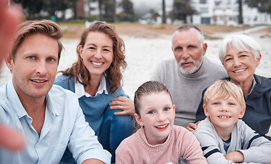 Image showing Family, beach and smile for selfie together for quality bonding time, holiday or vacation in the outdoor. Happy parents, grandparents and child smiling for photo on travel at the ocean in Greece