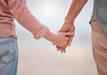 Image showing Holding hands to show support, love and care outdoor to show trust and quality time together. Woman, man and couple with hand hold showing commitment, people solidarity and loving community help