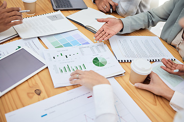 Image showing Documents, paper and chart for meeting, team and planning for finance, budget or market in office. Graph, corporate and strategy with research, group or collaboration for business, stock or teamwork