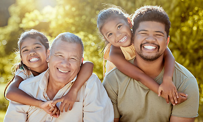 Image showing Happy, family and children hug in a nature park with happiness in the summer sun with a smile. Portrait of a black father, grandparent and girl kids together feeling love, youth and parent care