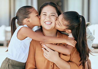 Image showing Love, mother and girls kiss, hug and happy together with smile and bonding. Portrait, mama and children with embrace, being loving and happiness with proud female parent and connect with kids