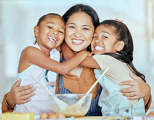 Image showing Family, children and baking with a girl, mother and sister learning about cooking in the kitchen of their home together. Food, egg and kids with a woman and daughter siblings making baked goods