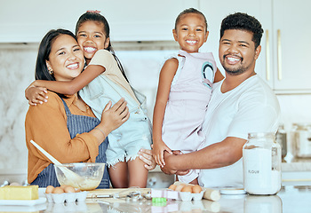 Image showing Family, parents and children in kitchen, baking and quality time together with smile, happy and connect. Love, man and woman with girls, bonding with cooking ingredients and being loving at home.