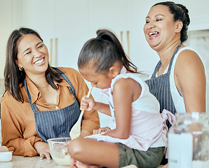 Image showing Happy, cooking and learning with family in kitchen together for breakfast, food and health. Wellness, help and smile in home for teaching and baking with girl chef, grandmother and mother.