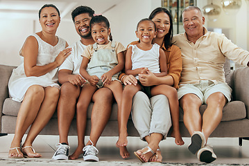 Image showing Children, parents and happy grandparents on sofa, generations of family together in living room. Love, home and couple with kids, grandma and grandpa from Indonesia relax and smile on couch in home.