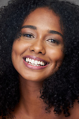 Image showing Hair care, portrait and smile of a woman with beauty, skincare and makeup. Face of a young, happy and African girl model with cosmetics, happiness with dental teeth and facial dermatology care