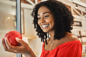 Image showing Supermarket, shopping and black woman with quality apple check, healthy food price and discount for commerce, retail and supply chain industry. Happy woman in grocery store with fruits for nutrition