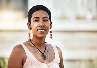 Image showing Portrait, African hipster woman and gen z fashion, millennial trendy edgy smile and happy confident urban lifestyle girl. Happiness, proud and natural beauty face freedom vision enjoy day in city